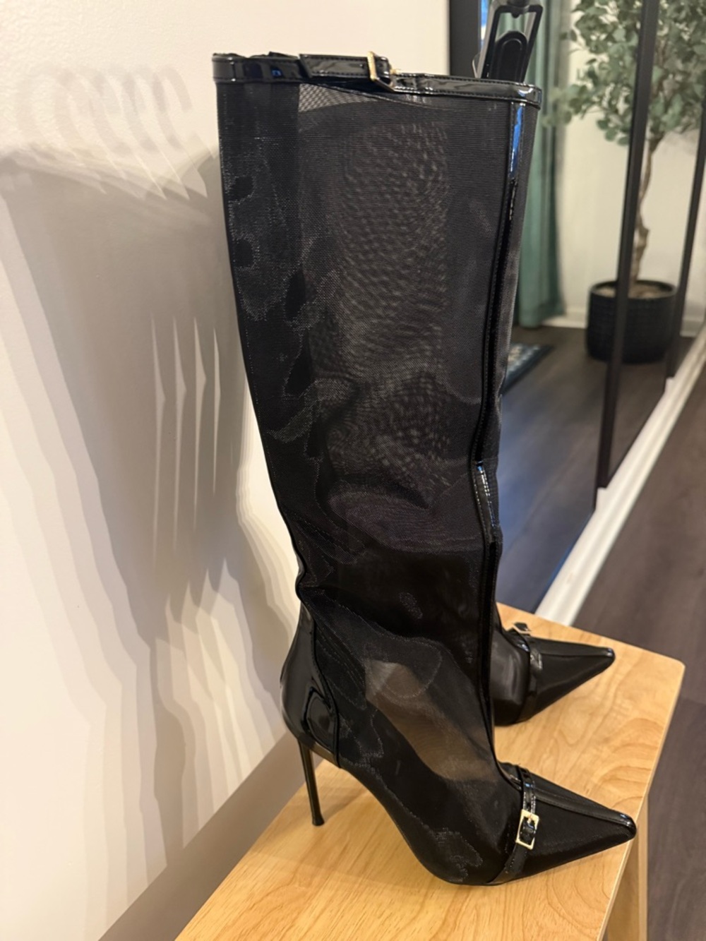 Black Mesh Pointed-Toe Stiletto Knee-High Boots